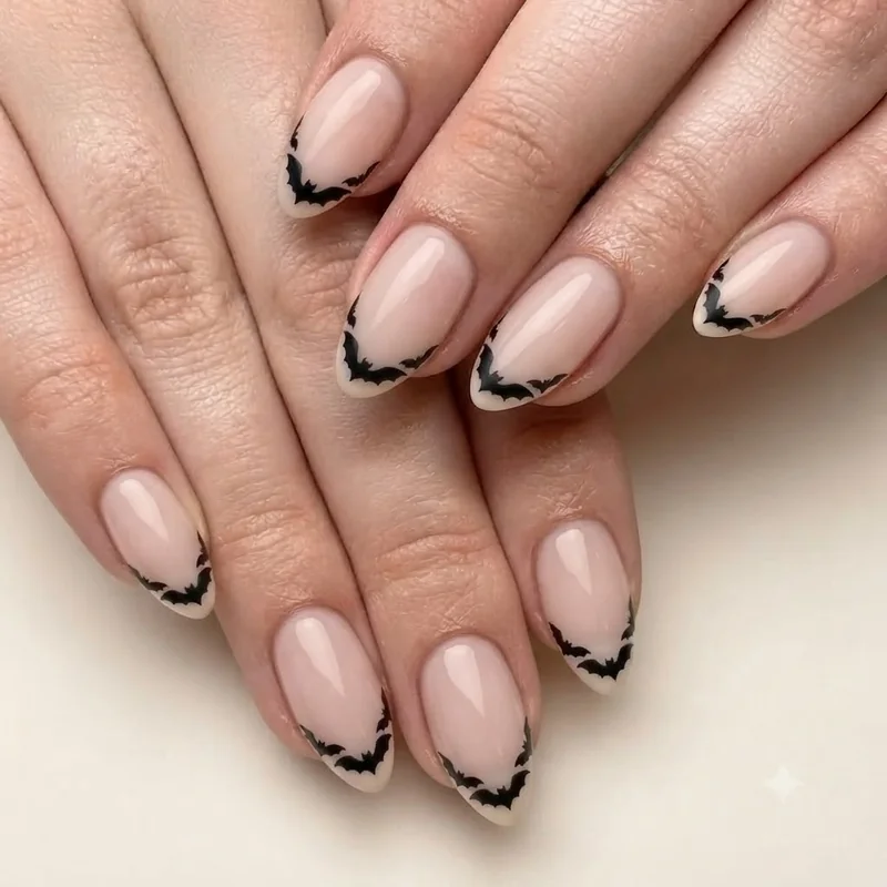 Bat nails French tip design close up with black silhouette on sheer pink base