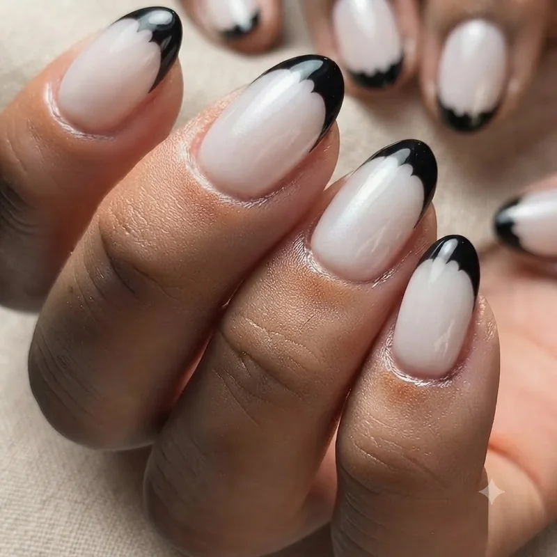 Bat nails French tip alternate colorway on milky white glazed donut nail base