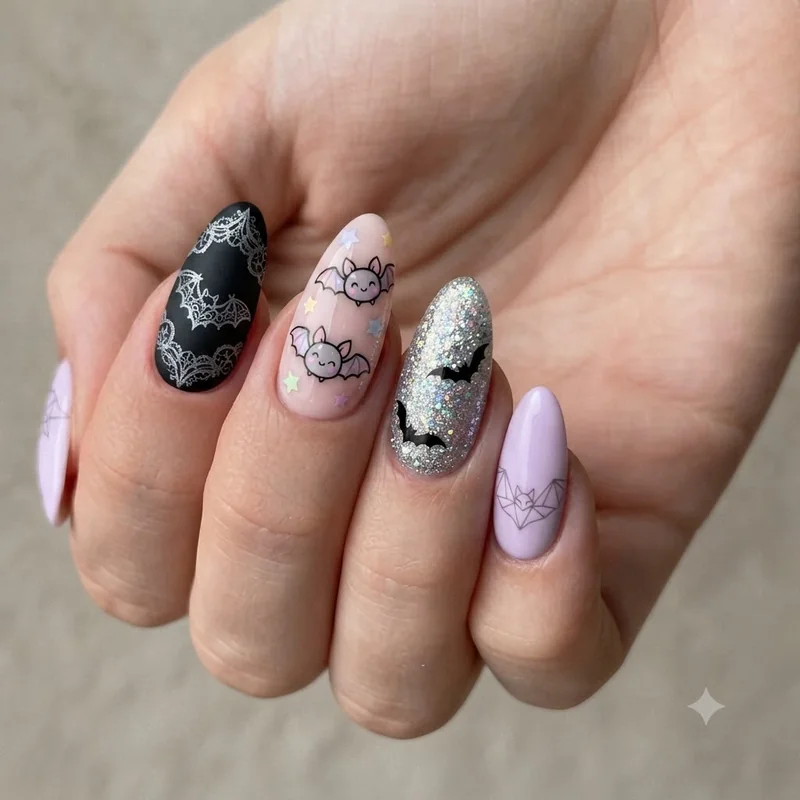 Bat nails gallery showing gothic, cute, glitter, and pastel manicure styles side by side