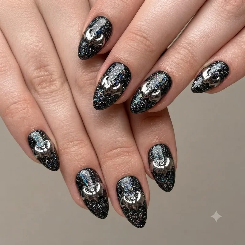 Bat nails glitter and chrome bold design with holographic finish on black base