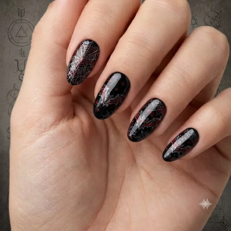 Gothic bat nails design in black and red vampy manicure style for Halloween 2026