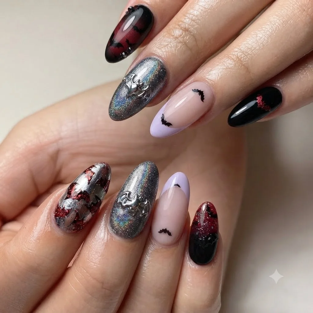 Bat nails design gallery showing gothic, glitter, and pastel bat manicure styles