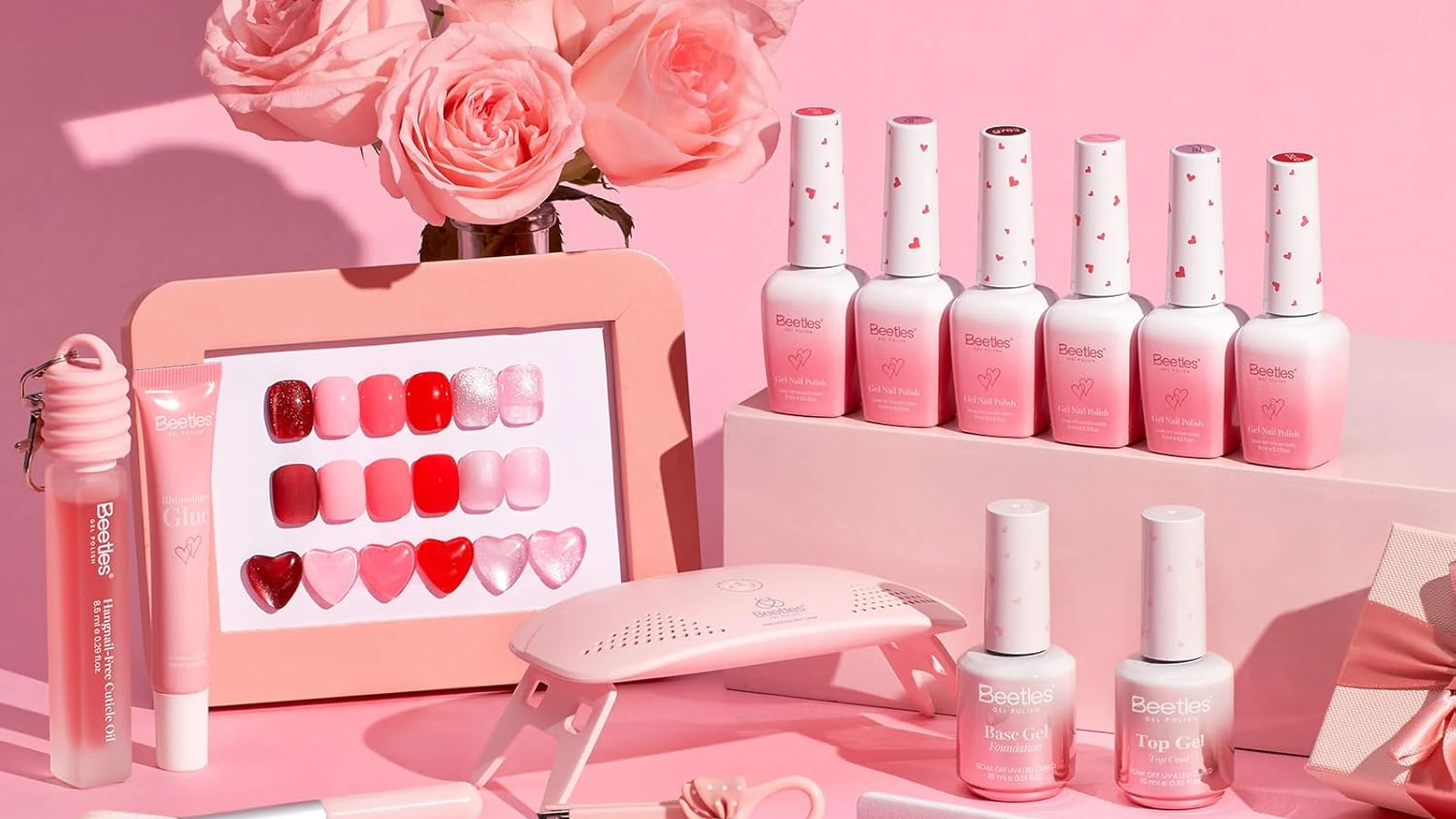 Beetles 30 piece Valentine gel polish kit with cat eye magnets and pink red shades