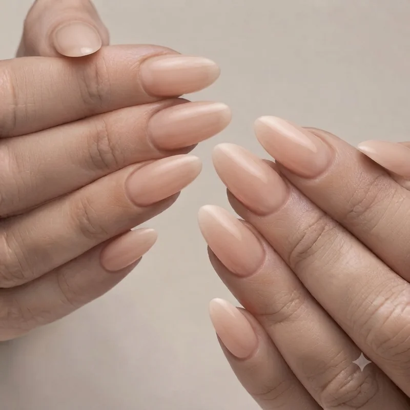 Polished salon fresh sheer nude manicure set showing supermodel nail finish