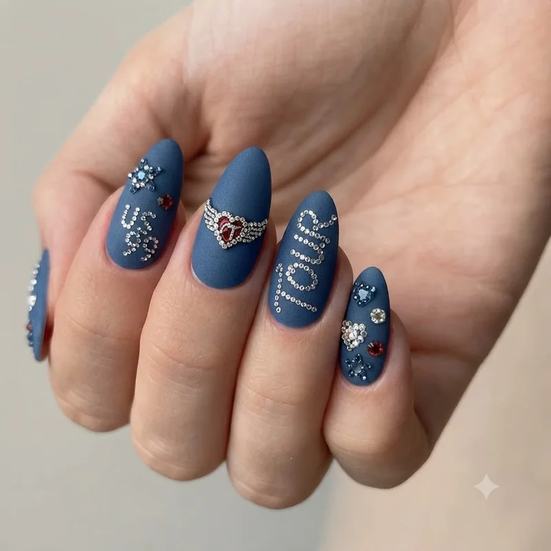 American Heart tour inspired denim blue rhinestone Benson Boone nail design