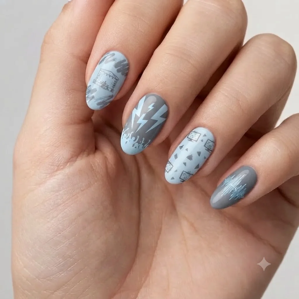 Benson Boone nails moodboard in powder blue and storm gray, cool summer tones