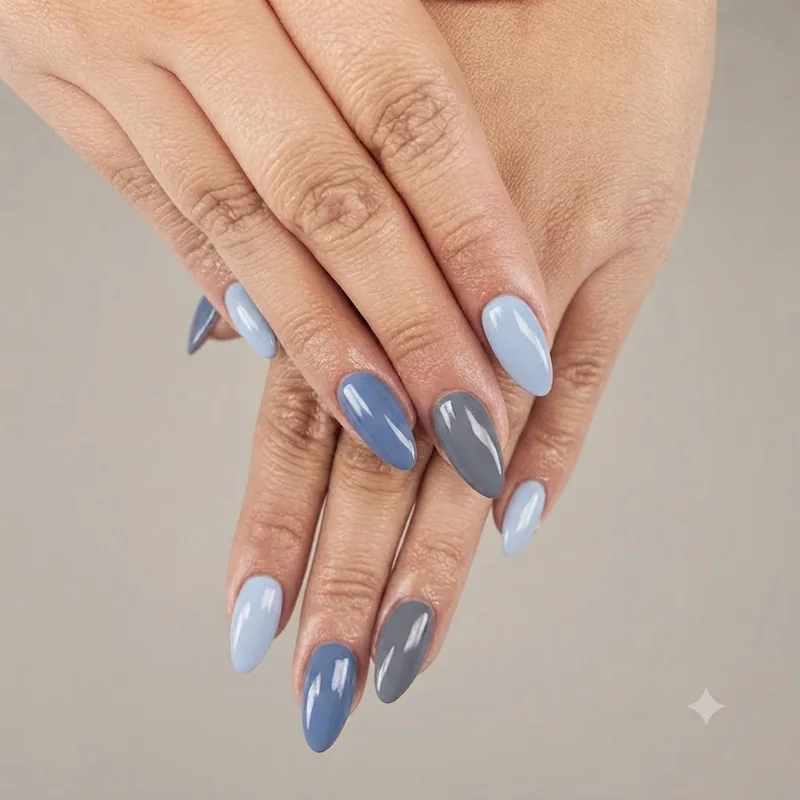 Benson Boone nails moodboard in bluebell, storm gray and powder blue tones