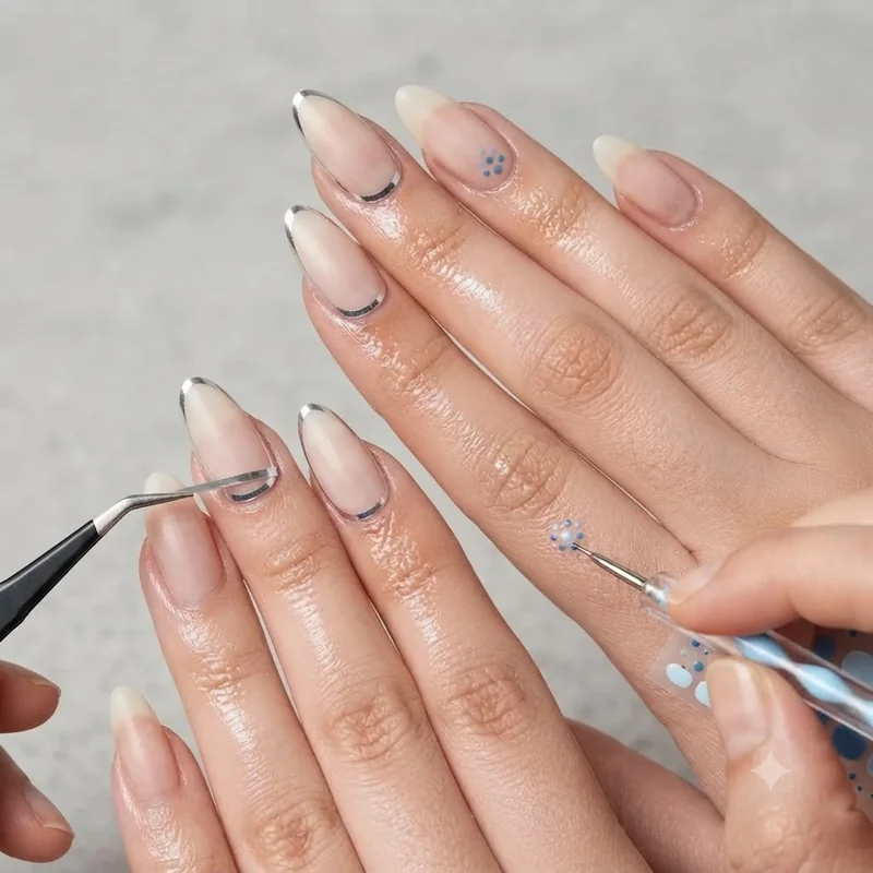 DIY press-on Benson Boone nails application with nail tape and dotting tool