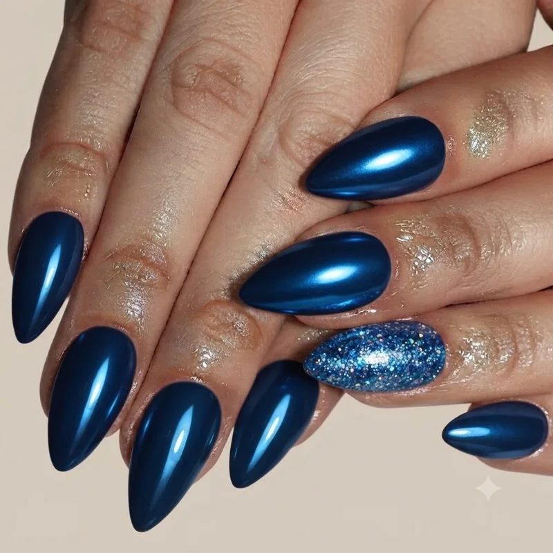 Electric blue chrome glitter accent nail inspired by Benson Boone Mr Electric Blue