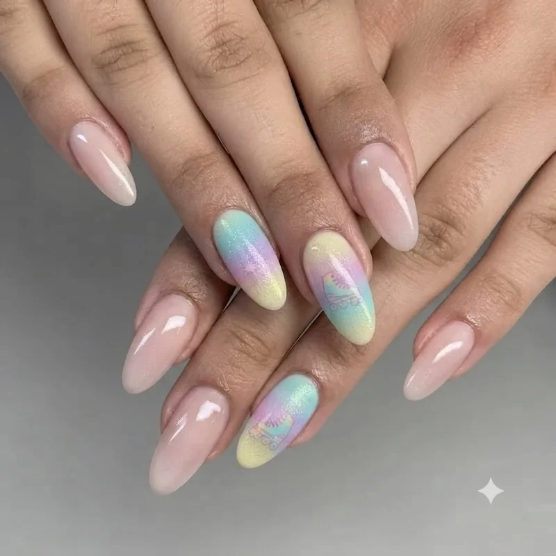 Retro rollerblade inspired pastel nail design for Fireworks and Rollerblades era