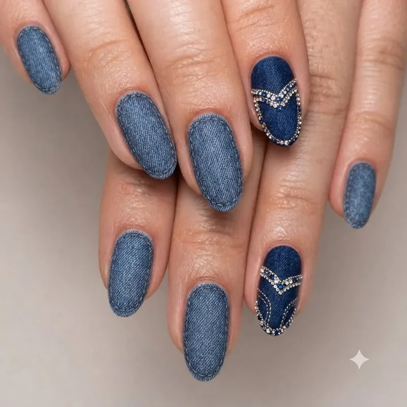 Western denim rhinestone stitch accent nail inspired by Benson Boone American Heart style
