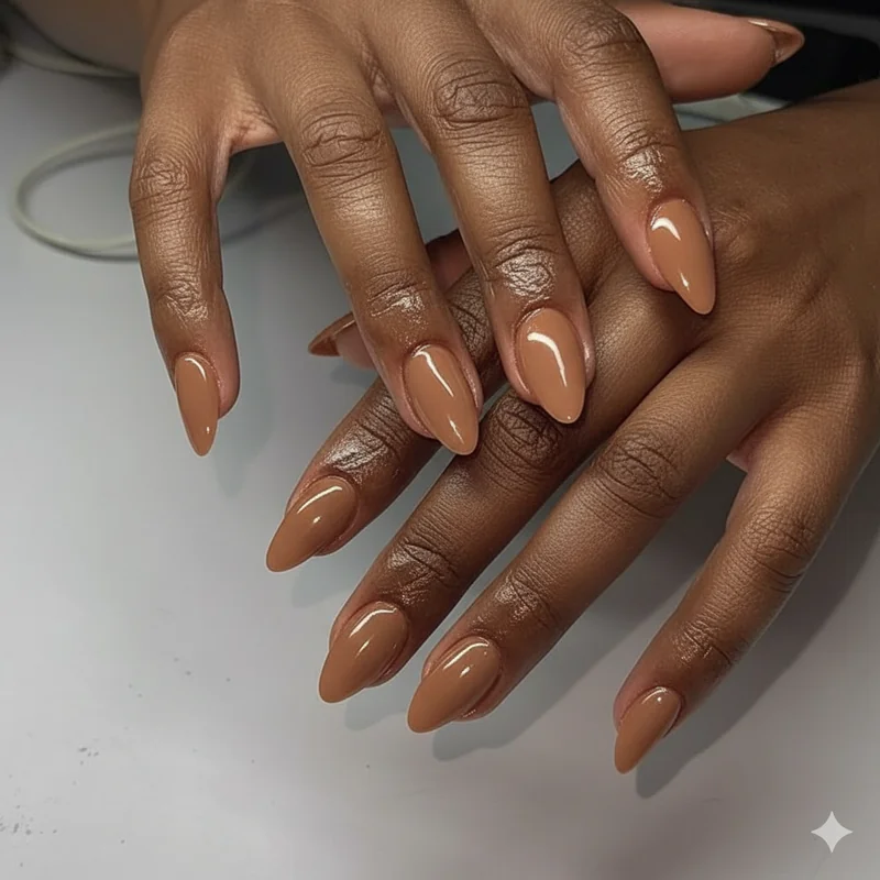 Best nude nail colour for dark skin showing warm caramel chocolate brown taupe swatch on rich deep ebony complexion hand