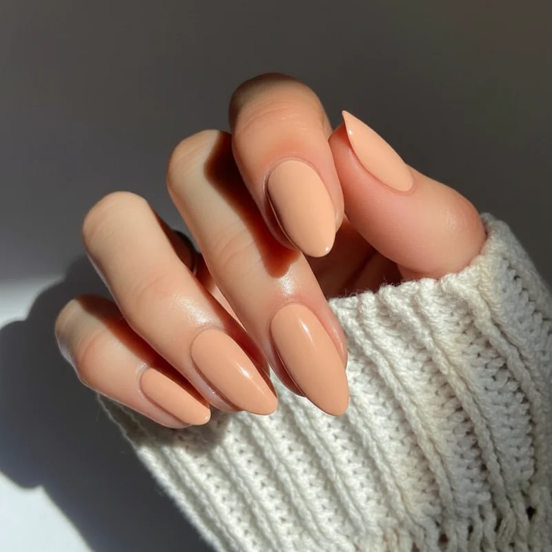 Best nude nail polish for medium skin showing peachy beige warm creamy opaque finish swatch on golden warm medium complexion