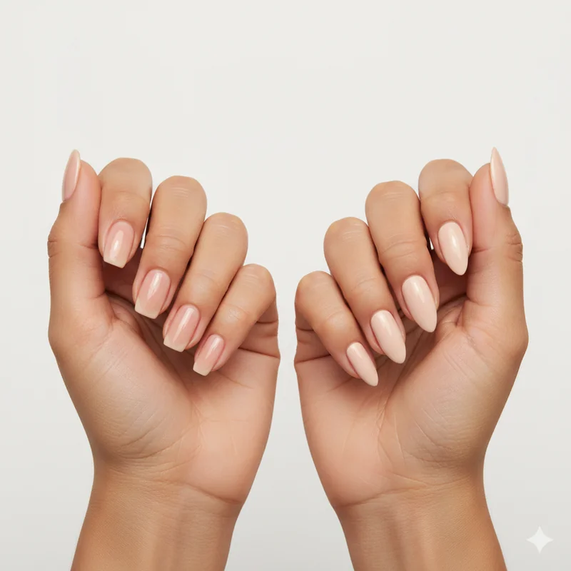 Nude nail color on short versus long nails showing how same shade reads differently with length and finish comparison guide