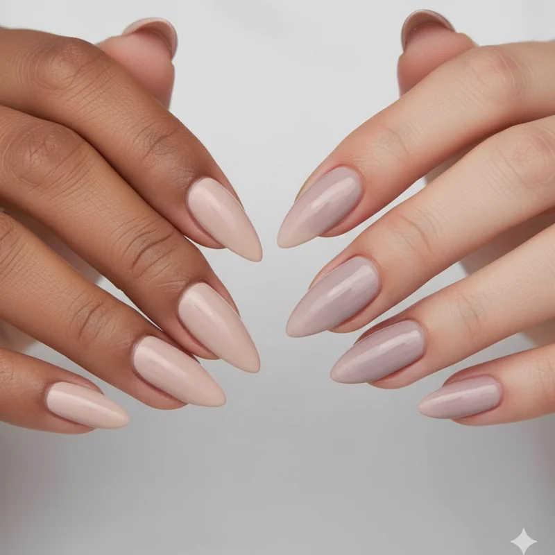 Nude nail polish failure modes side by side showing mannequin hands washed out chalky finish versus correctly matched barely-there nude