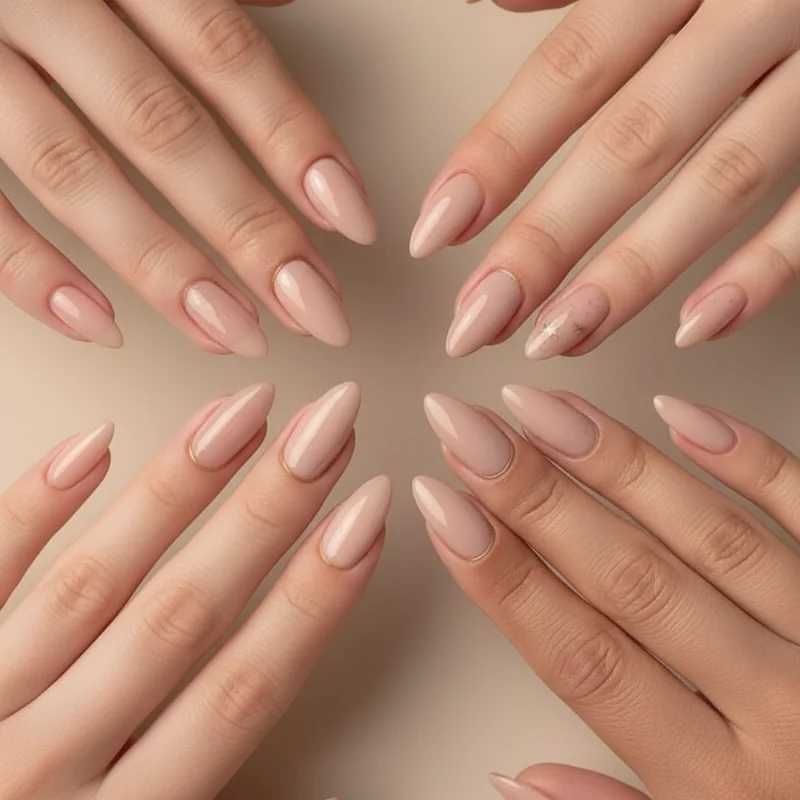 Nude nail polish finish types comparison showing sheer cream satin jelly finishes side by side across different skin tone hands