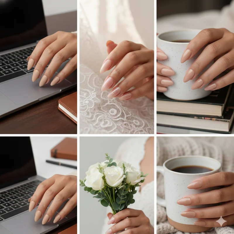 Nude nails for work wedding and everyday showing three finish options cream satin sheer in different contexts side by side