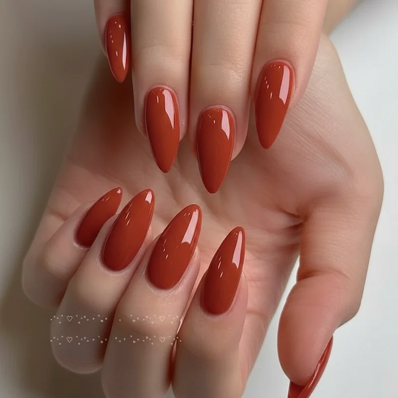Brick scarlet warm red nail polish on olive skin tone with undertone harmony with yellow-green complexion for vibrant finish