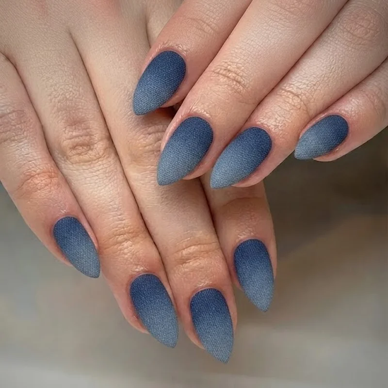 Denim gradient textured blue nail set inspired by Cowboy Carter tour styling and Americana denim looks