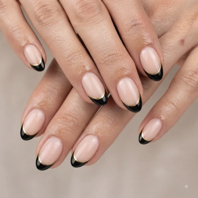 Black and gold nail designs French tip close up showing fine gold line detail on almond shape