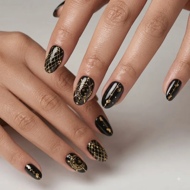 Black and gold nail designs styled as a luxury manicure with both hands shown side by side