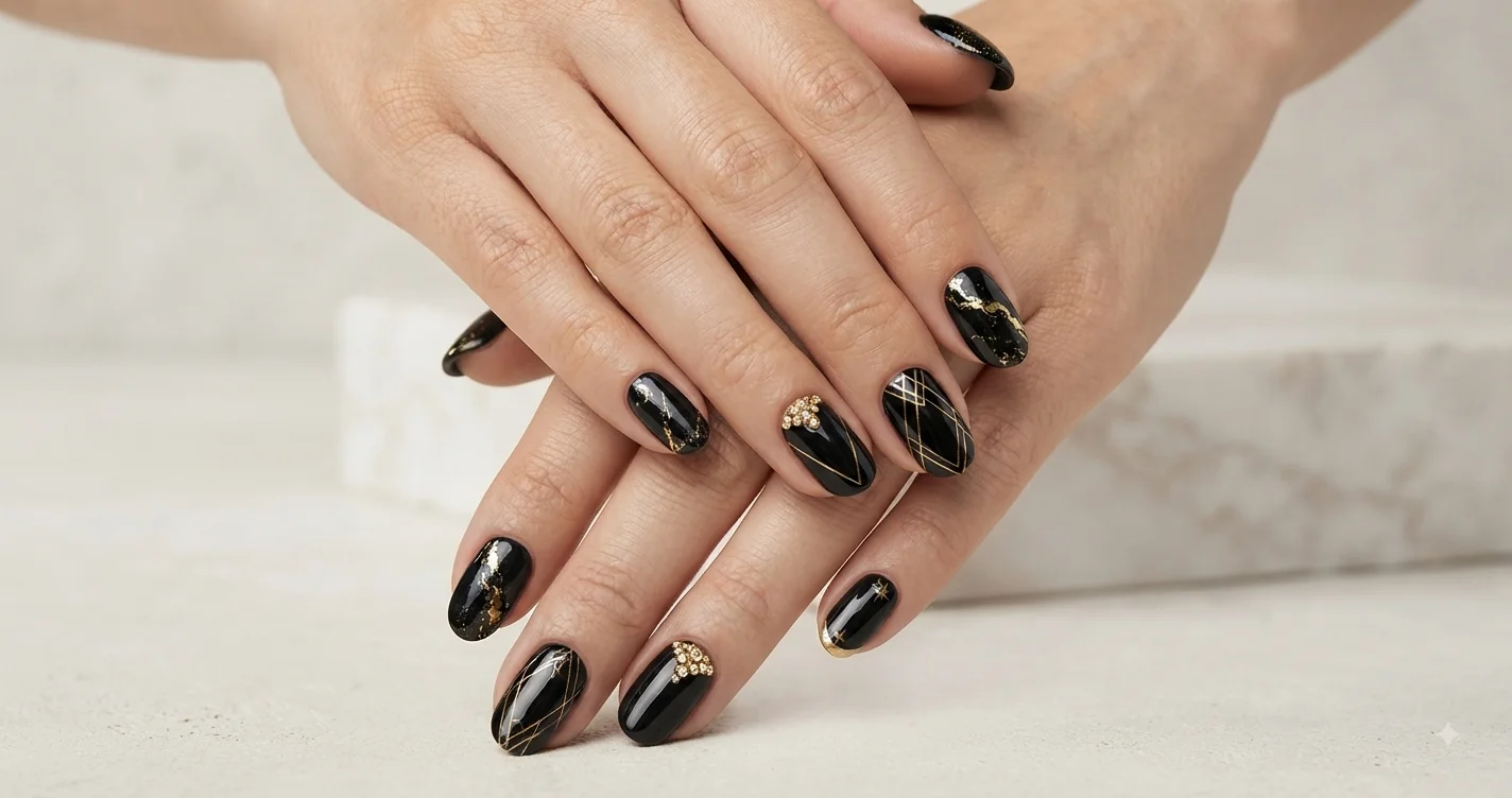Black and gold nail designs shown as a luxury manicure with both hands styled for an editorial shoot