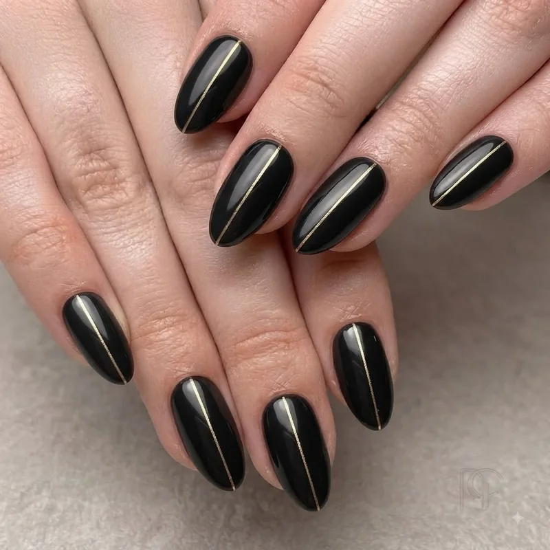 Black and gold nail designs elegant bridal set with fine gold line and restrained black accent