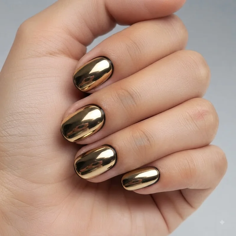 Black and gold nail designs gold chrome powder over black base with liquid metal mirror effect