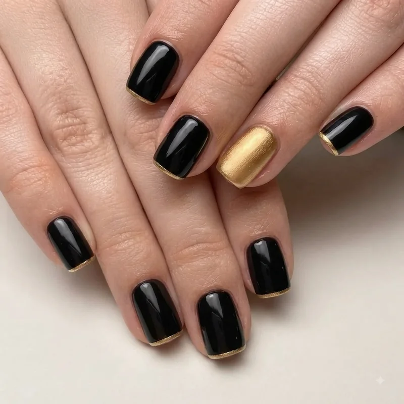 Black and gold nail designs on short square nails with single gold accent and fine tip detail