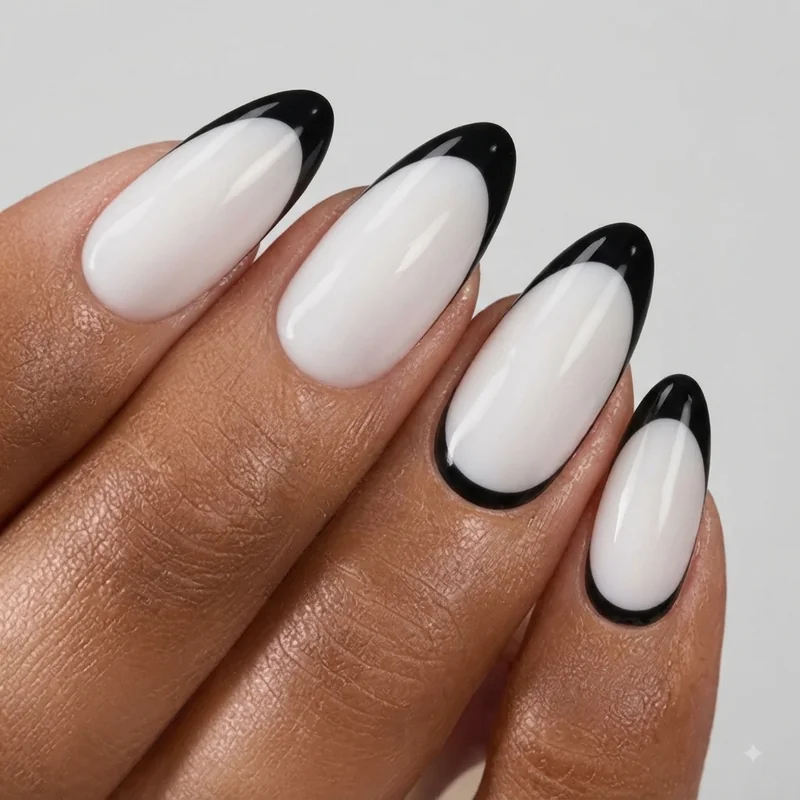 Black and white French tip nail design on almond shape nails with sharp smile line