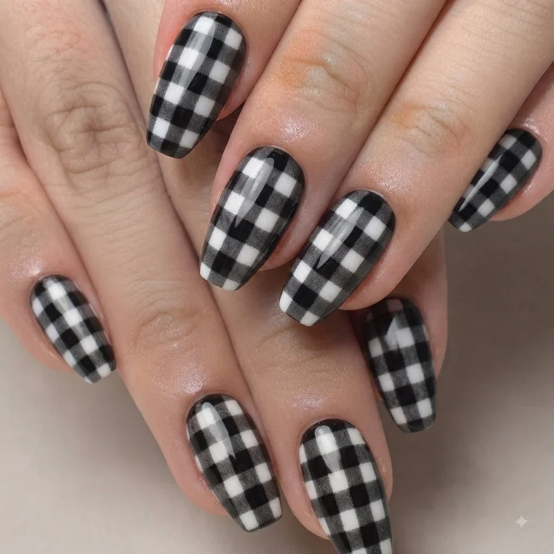 Checkerboard black and white nail design in graphic pattern on coffin shape nails