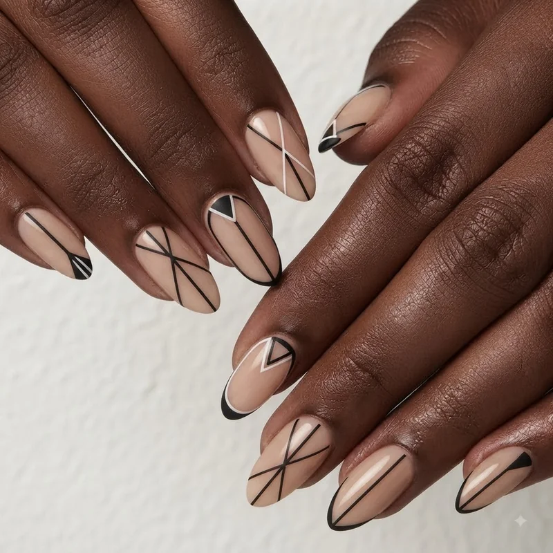Negative space black and white manicure with minimalist geometric line design on bare nail