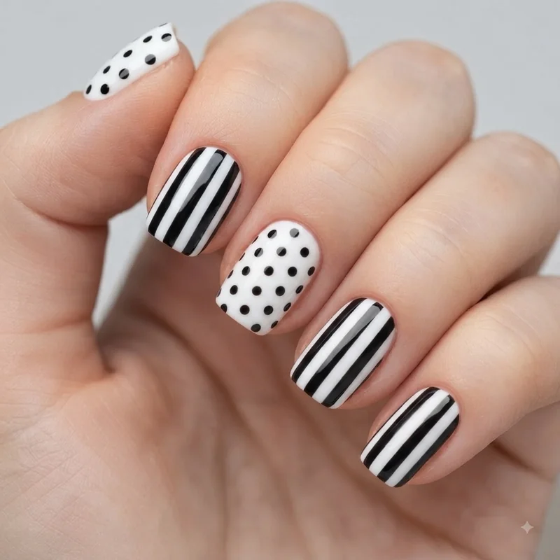 Short black and white nail design with simple legible pattern on square shape nails