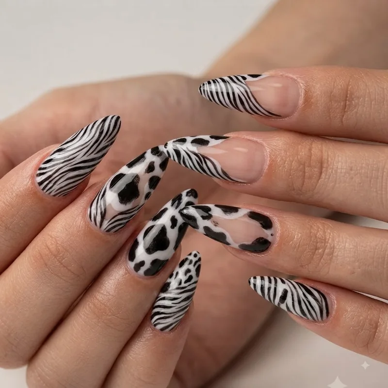 Zebra and cow print black and white monochrome nail design on stiletto shape nails