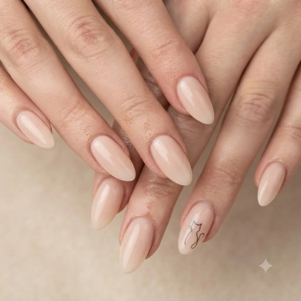 Black cat nails in a minimalist almond silhouette design on a nude editorial base, perfect for everyday wear year-round