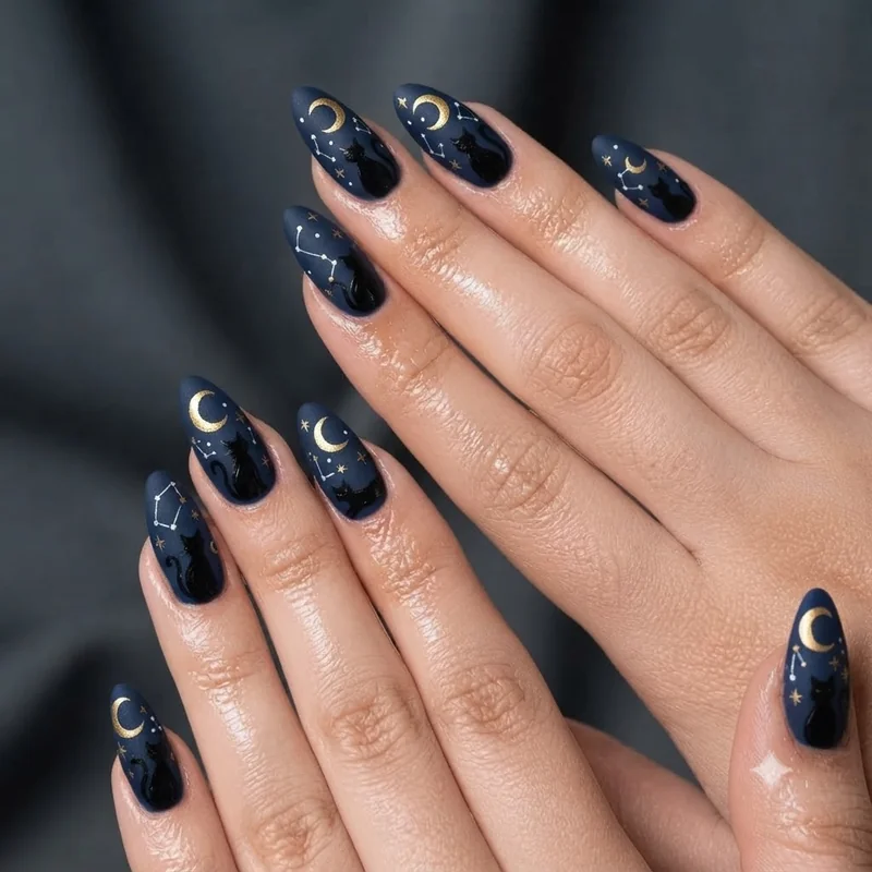 Gothic black cat nails with celestial moon and stars on deep navy background