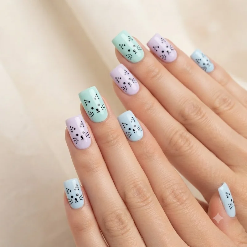 Easy black cat nails cat face design using a dotting tool technique on short square nail shape for beginners