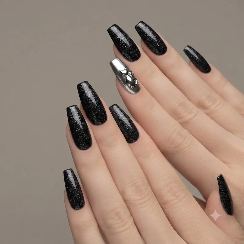 Glam black cat nails with glitter and chrome accent on coffin shape nails