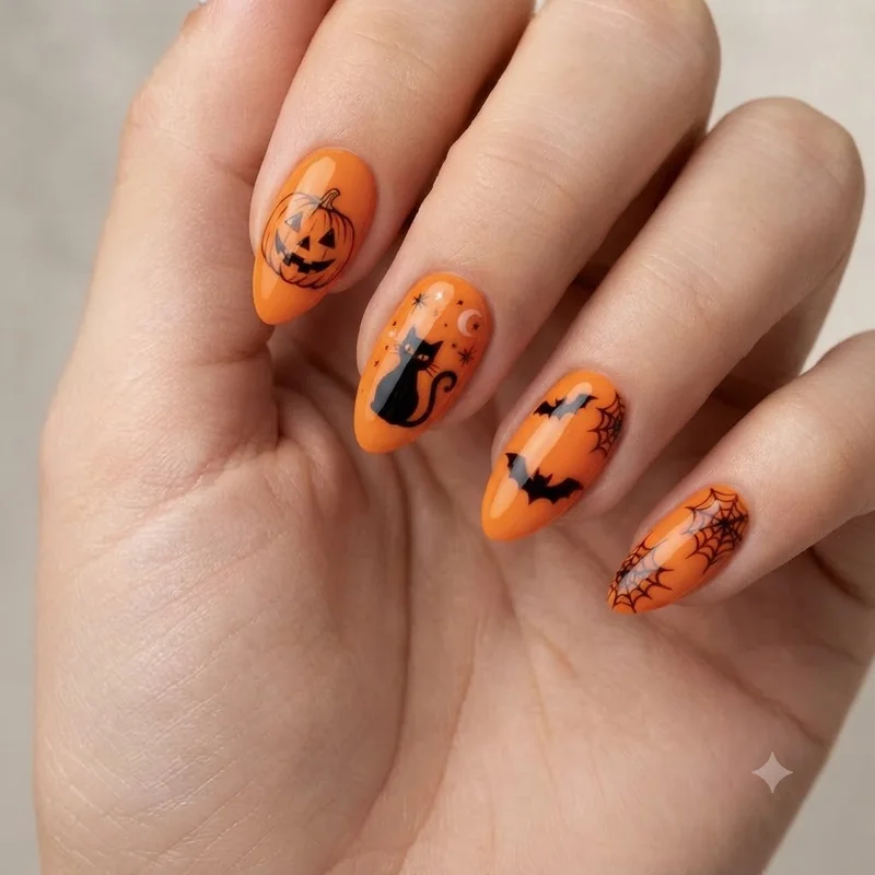 Halloween black cat nails paired with pumpkin design on orange stiletto nails