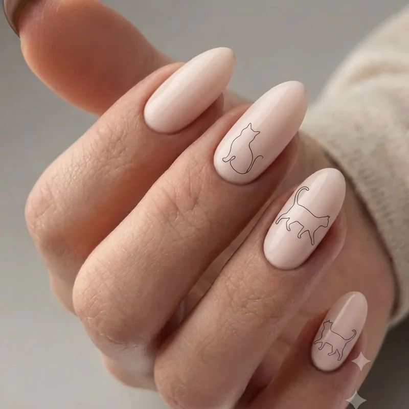 Minimalist black cat nails line art design on pastel base for year-round wear