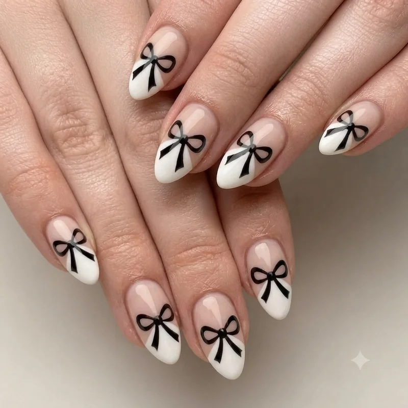 Black hand-painted bow nail art on a white and nude base for a graphic manicure look