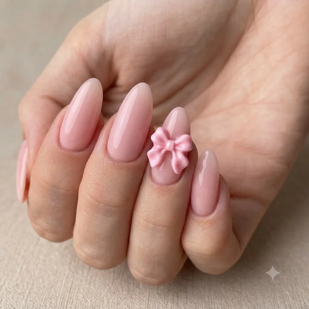 Bow nails hero image showing a pink coquette manicure with a 3D bow accent