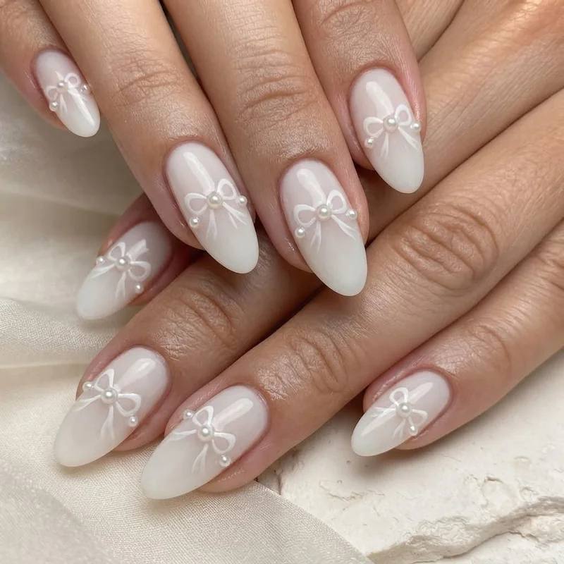 Bridal pearl accent bow nail design suited for weddings and formal occasions