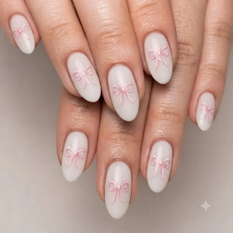 Coquette bow nail design showing a properly sealed bow edge for long-lasting wear