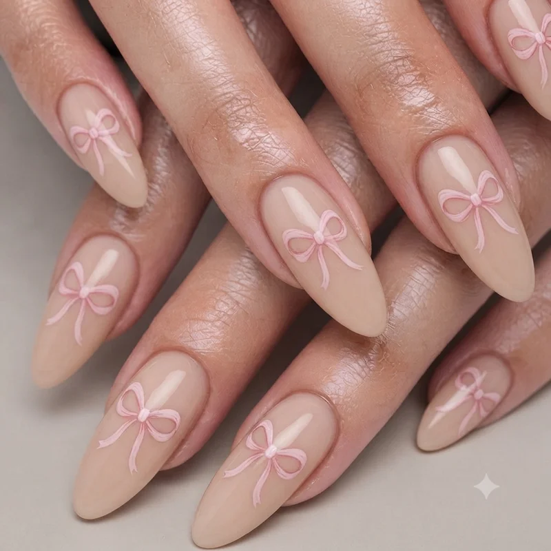 Pink hand-painted bow nail design on an almond-shaped nude base manicure
