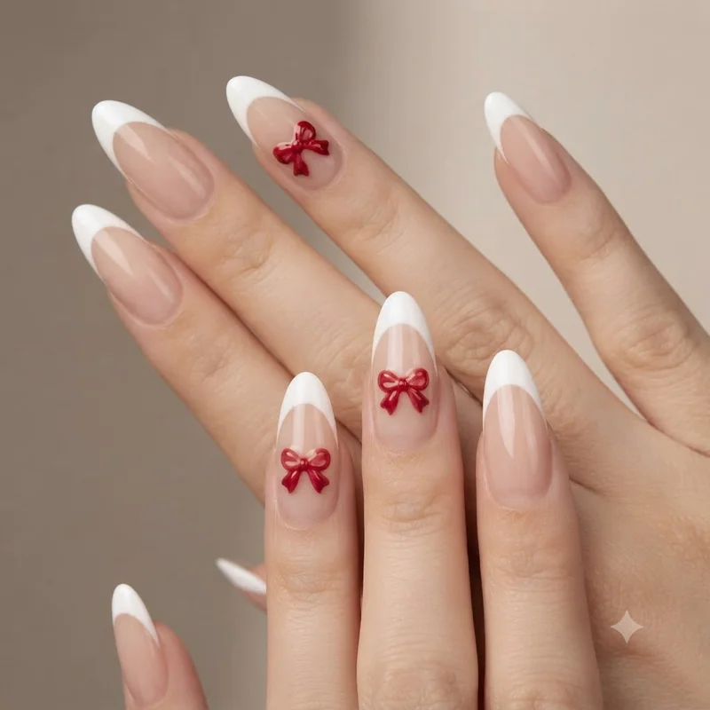Red and white bow nail set with a classic French manicure base and bow accent
