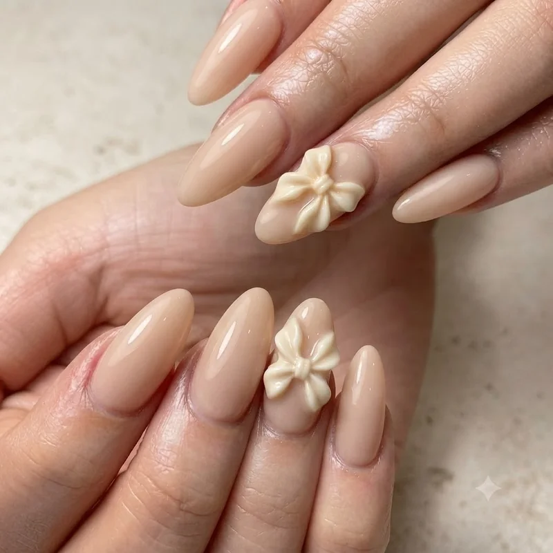 Sculpted 3D acrylic bow accent nail with raised texture and dimensional shape