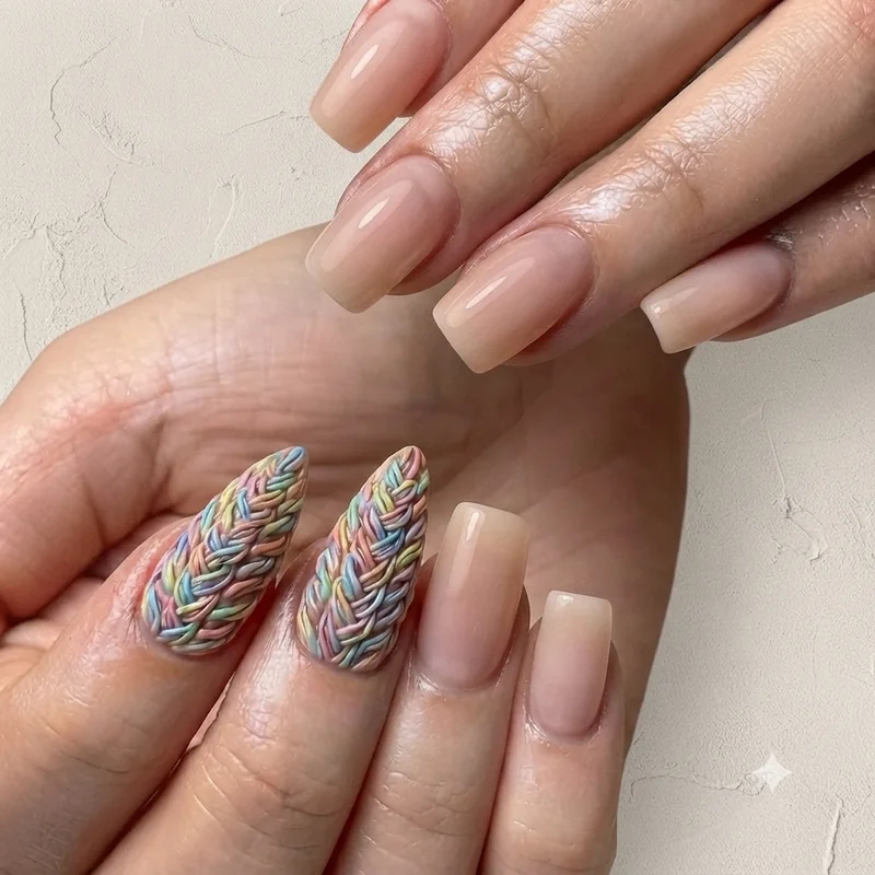 Stiletto accent finger paired with short square braider nail set