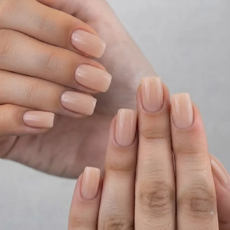 British manicure nails in soft square shape with sheer nude polish and clean cuticle line