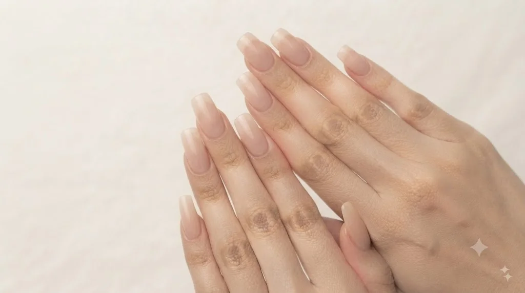 British manicure on short soft square nails with sheer nude polish and groomed cuticles